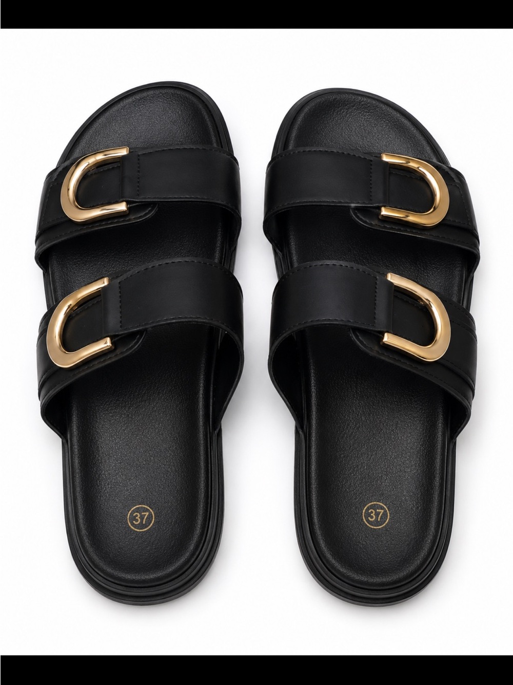Women's Black Slide Sandals with Gold Buckle Straps